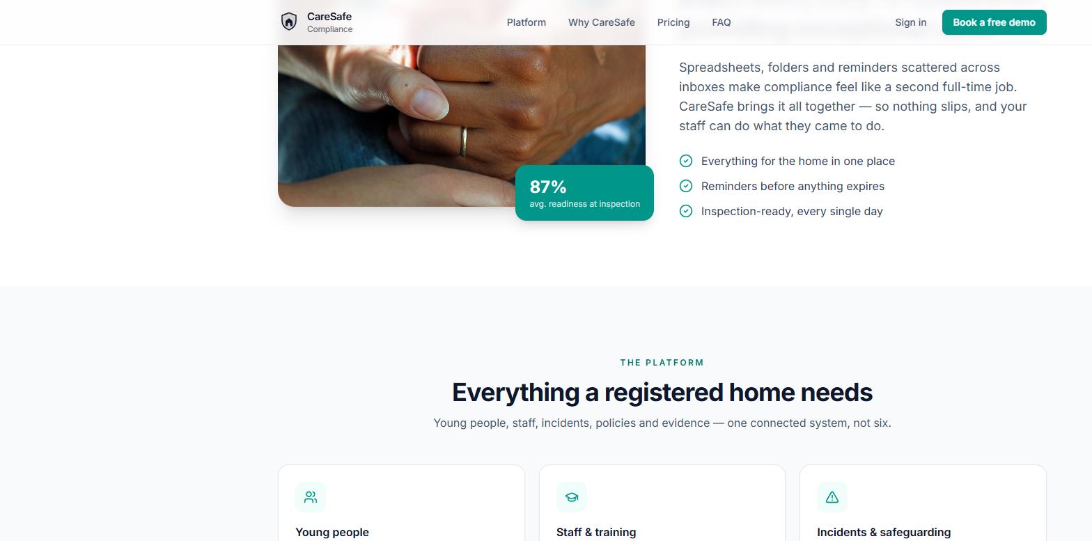 Care compliance platform showing modules for young people, staff and training, and incidents